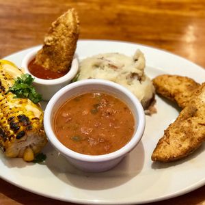 Backyard Spicy Fried Chickin' (New!) 3pc. spicy fried chickin’, ½ street corn, pinto bean stew, cauli-mashed potatoes+porcini gravy, BBQ sauce ($12.50) at Veggie Grill in Walnut Creek