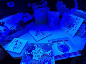 Children's books available to read there at Vegan Galaxy in Huntington Beach