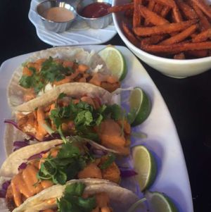 fishless tacos and sweet potato fries at Vegan Galaxy in Huntington Beach
