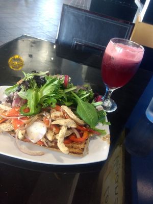 Chickenless sandwich and blueberry limeade at Vegan Galaxy in Huntington Beach