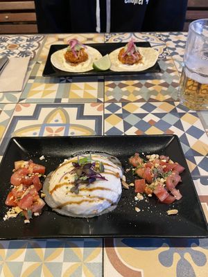 Burrata and jackfruit tacos  at VEGA - Luna in Madrid