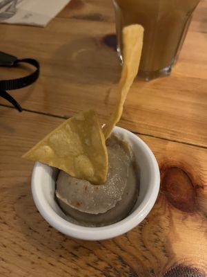 the gave us a free appetizer; eggplant hummus 😍  at VEGA - Luna in Madrid