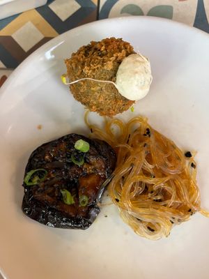A spinach and parmesan croquette (above) and some Teriyaki egglplant (below). at VEGA - Luna in Madrid