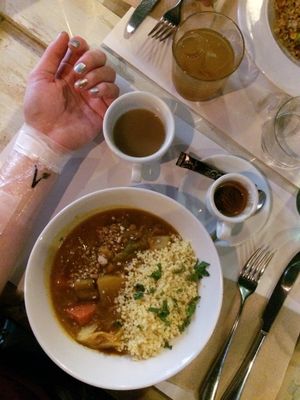 A curry-esque dish, a DELICIOUS sopapilla in the top cup, an espresso, and a new tattoo :) at VEGA - Luna in Madrid
