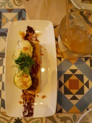 Smoked "cheese", grilled vegetable focaccia at VEGA - Luna in Madrid