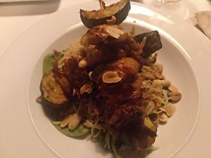 heura (mock meat) + vegetables brochette at VEGA - Luna in Madrid