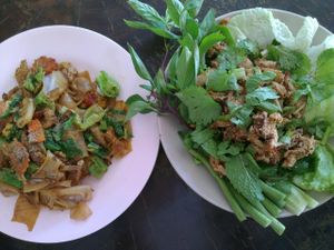 Laab and pad-si-ew at Keereboon Vegetarian Food in Prachuap Khiri Khan
