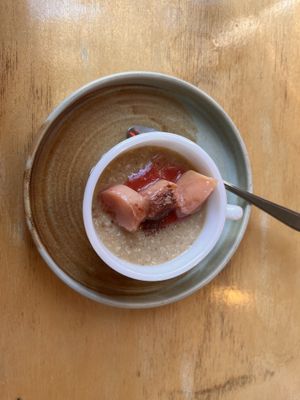 Lemon coconut pudding with grilled wild peaches  at Hagedis in The Hague