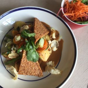 Tempeh with vegetables and peanut sauce at Hagedis in The Hague