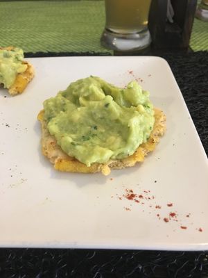 Patacones (fried plantain) with guac at Rushi Comida Sana in Manizales