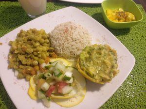 Main and dessert from daily menu at Rushi Comida Sana in Manizales