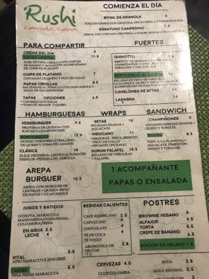 Menu side one   at Rushi Comida Sana in Manizales