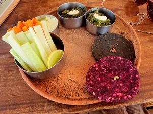 Raw bread and dips plate at Shantaram Raw in Arambol
