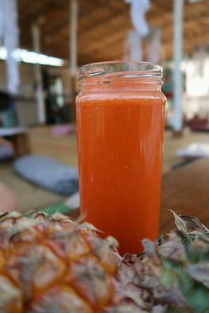 carrot coconut milk juice, very tasty and fresh at Shantaram Raw in Arambol