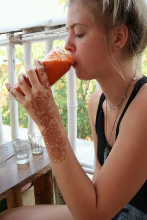 carrot coconut milk juice at Shantaram Raw in Arambol
