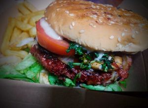 Riot burger at Rincon Veganx in Merida