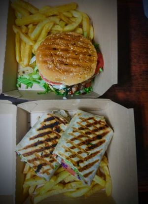 Burrito & burger at Rincon Veganx in Merida