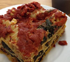 lasagna--chocolate pudding behind. at Loving Hut - Fort Street Mall in Honolulu