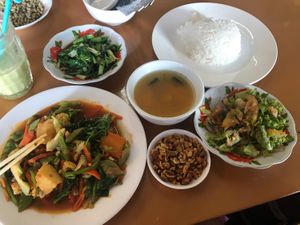 Veg curry, greens, rice, pumpkin soup, salad, fried peanuts for 4500 kyat! at Sun Flower Restaurant in Nyaungshwe
