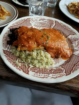 vegan enchiladas with rice and beans at Sovereign in Plainfield