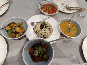 Delicious spread of Indian vegetarian dishes with special olive and curry leaf rice! at Udipi Ganesh Vilas in Central Singapore