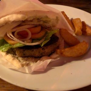 Vegan chickpea based burger with wedges at El Chupacabra in Makati