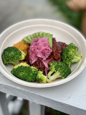You Don’t Know Jack - sweet & smoky jackfruit & cilantro black beans over mashed jewel yams and served with broccoli and pickled onions  at The Clean Plate Kitchen in Clinton