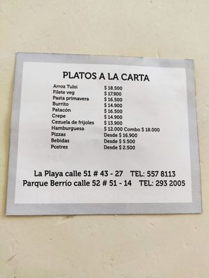 Carta pequeña at Govinda's - Parque Berrio in Medellin