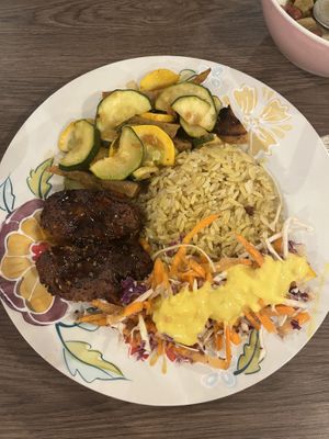 Plate of the day. Along with it comes a soup and a small dessert    at Govinda's - Parque Berrio in Medellin
