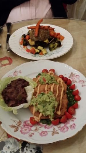 Teriyaki Portobello (rear), SW Corncakes (front) at Muir's Tea Room in Sebastopol