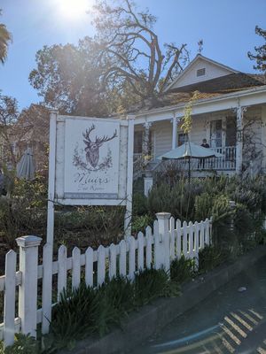View of the front with their sign (Jan 2022) at Muir's Tea Room in Sebastopol
