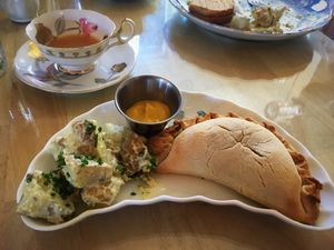 Shepard’s Pie filled savory pastie with a side of creamy dreamy potato salad   at Muir's Tea Room in Sebastopol