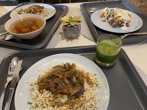 Seitan with fried onions and sweet potato casserole at Edeni Vegan in Budapest