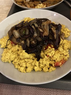 Tofu scramble and Seitan steak  at Edeni Vegan in Budapest