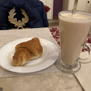 Apricot croissant and cold creamy latte  at Edeni Vegan in Budapest