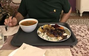 Seitan platter and Hungarian soup at Edeni Vegan in Budapest