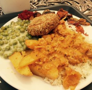 Mix plate with cabbage seitan pattie at Edeni Vegan in Budapest