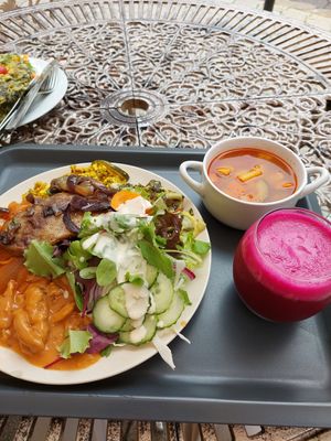 Mix plate, goulash soup. at Edeni Vegan in Budapest