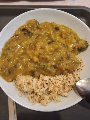 Eggplant curry with rice at Edeni Vegan in Budapest