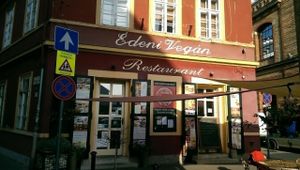 Outside at Edeni Vegan in Budapest