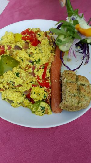 Tofu and sausage breakfast  at Edeni Vegan in Budapest