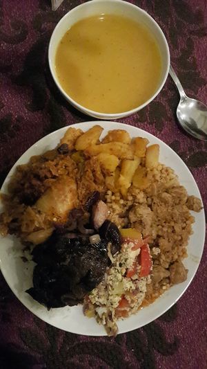 Vegan mixed plate with pumpkin soup. at Edeni Vegan in Budapest