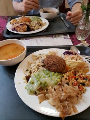 mixed plate and cabbage soup at Edeni Vegan in Budapest
