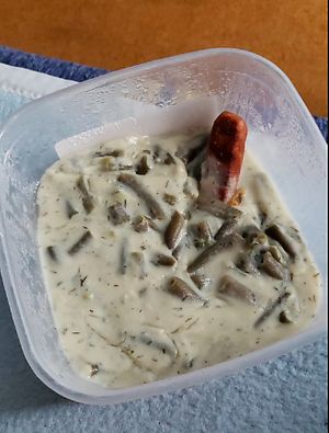 Green bean stew to go with vegan hot-dog at Edeni Vegan in Budapest