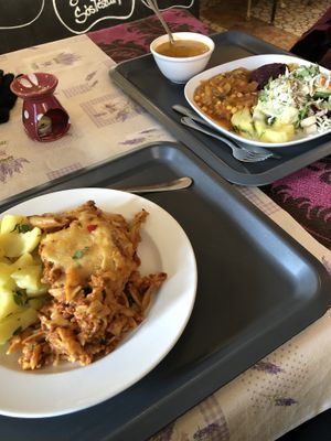 Pasta and the mixture options at Edeni Vegan in Budapest