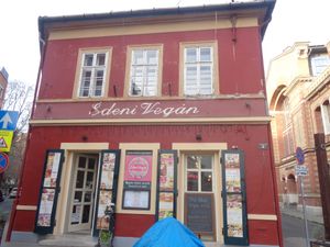 outside restaurant at Edeni Vegan in Budapest