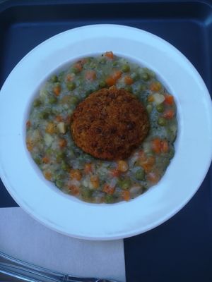 Veggie stew (finomfőzelék) with lentil patty at Edeni Vegan in Budapest