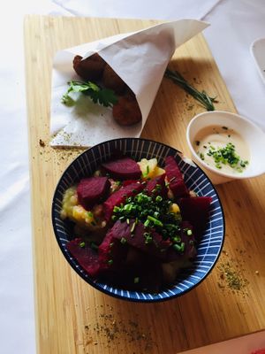 Millet Balls with warm Potatoesalat and Beetroot at Gasthaus Kappl in Biberbach