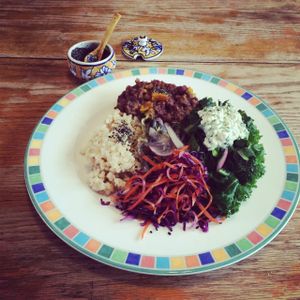 Lunch from the buffet! Organic brown rice, aduki beans and squash, pressed cabbage and carrot salad, blanched greens and tofu parsley dressing. Reservations highly recommended. Lunch served Mon to Sat 12:30 to 1:30. at Kushi Institute in Becket