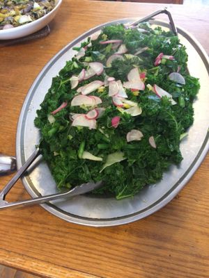 Organic greens served at every meal. Blanched kale, collard greens, and radishes.  at Kushi Institute in Becket